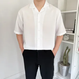 남자 오버핏 폴리 린넨 스판 구김방지 오픈카라 반팔 셔츠